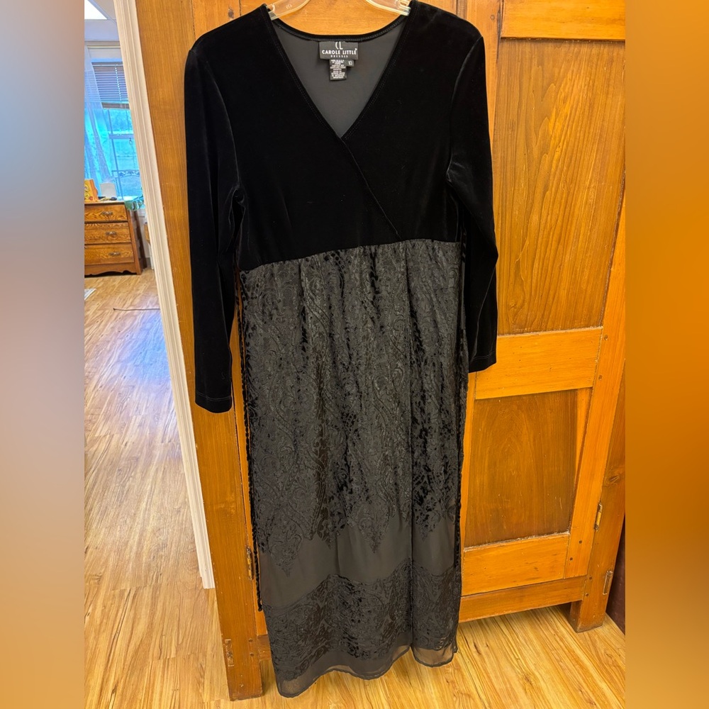Vintage Carole Little Black Velvet Burnout Maxi Dress Size 10 Made in USA